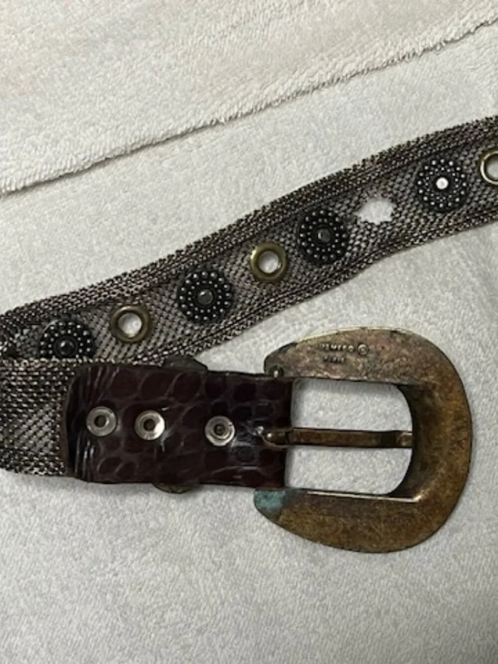 VTG Sand Castle New York Metal Mesh Leather Belt Western Brass Buckle Studs 32 M